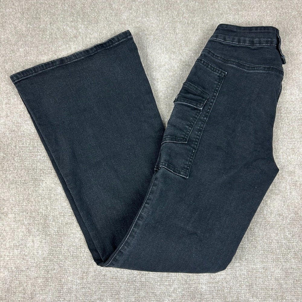 SHEIN Icon Low Waist Flared Cargo Jeans Womens 27 Black Denim Cotton Stretch